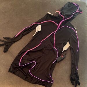 Girls Light Up Stick Figure Black Hooded Dress Pink Light Up Halloween M 7/8 NEW